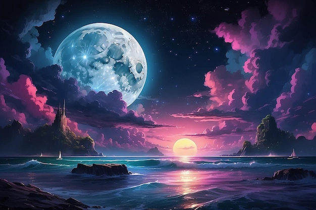 밤의 어 속의 네온빛 예술, 달빛 바다, 구름, 달, 별, 다채로운 세부 사항
