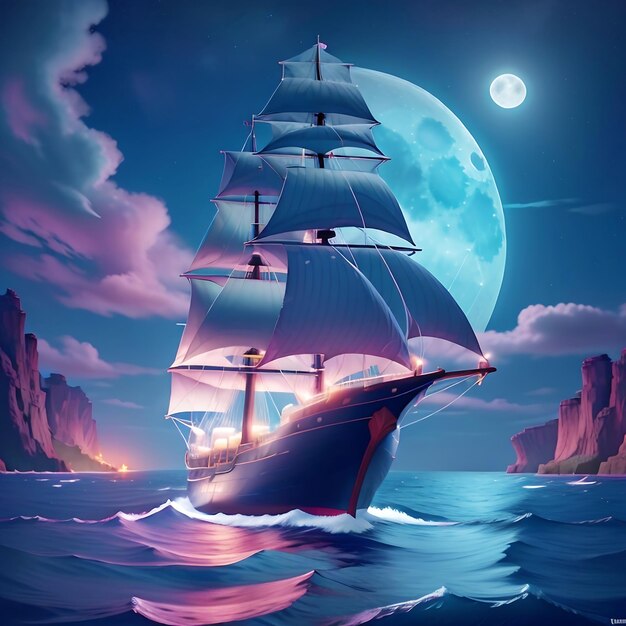 Neon light art in the dark of night a tall ship sails across moonlit seas ai garnered