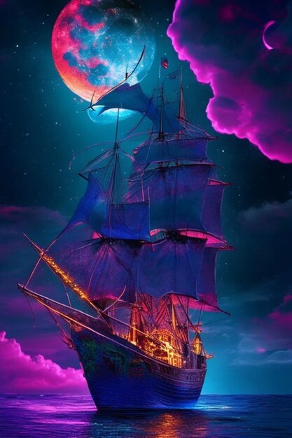 neon light art in the dark of night a tall ship sails across moonlit seas clouds moon stars