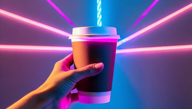 Neon light background a hand holding a cup of coffee