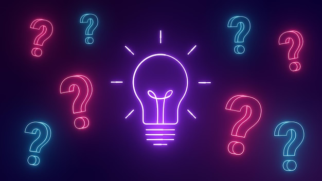 Photo neon light bulb around neon question marks innovation question concept