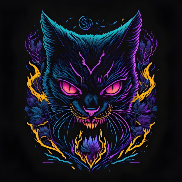 Neon Light Cat Face Art Illustratie gegenereerd door Ai