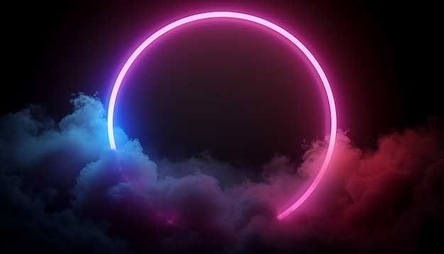 Neon light circle frame glowing in clouds