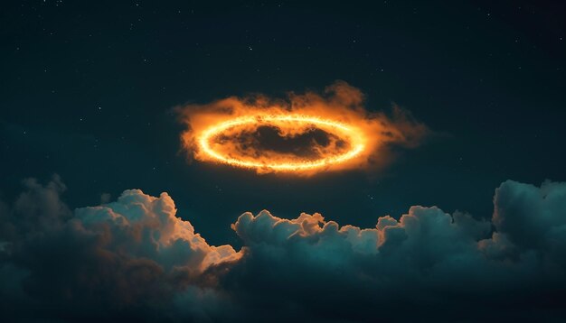 Neon light circle frame glowing in clouds