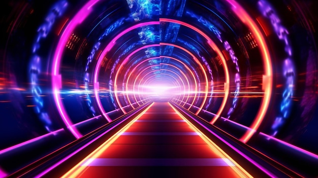 Neon Light Corridor Futuristic Room with Vibrant Lighting on black background Generative Ai