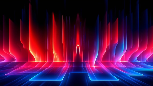 Neon Light Corridor Futuristische kamer met levendige verlichting op zwarte achtergrond Generatieve Ai