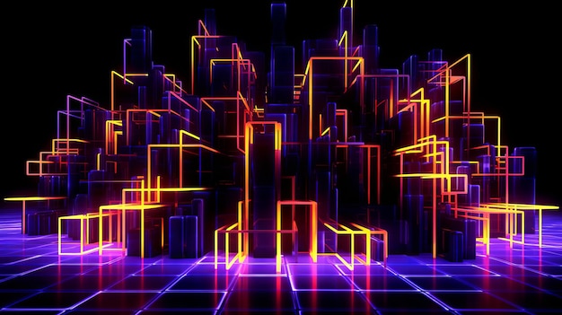 Neon Light Corridor Futuristische kamer met levendige verlichting op zwarte achtergrond Generatieve Ai