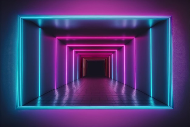 Neon light corridor tunnel with diminishing perspective view