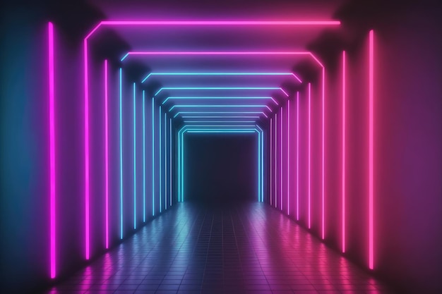 Neon light corridor tunnel with diminishing perspective view