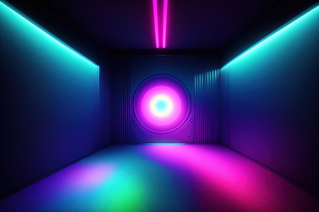 A neon light in a dark room with a circular light in the middle.