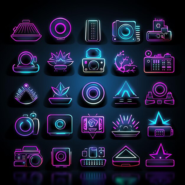 Photo neon light design vector shapes with creative a trendy neon camera neon outlines wi