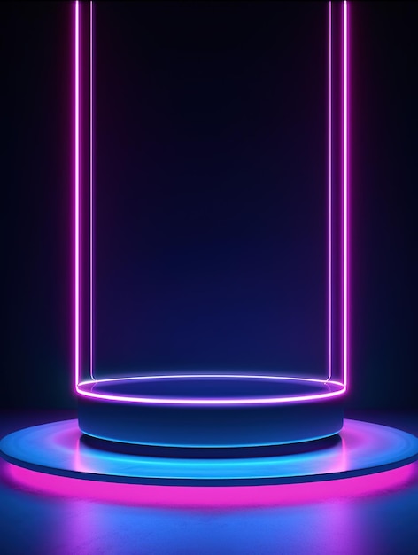 A neon light display podium on a dark background