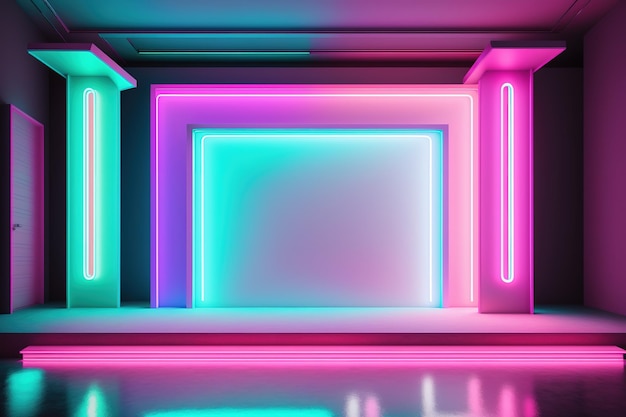 흰 벽과 '불을 켜라'라고 적힌 핑크와 블루 네온사인이 있는 방 안의 네온 불빛 디스플레이