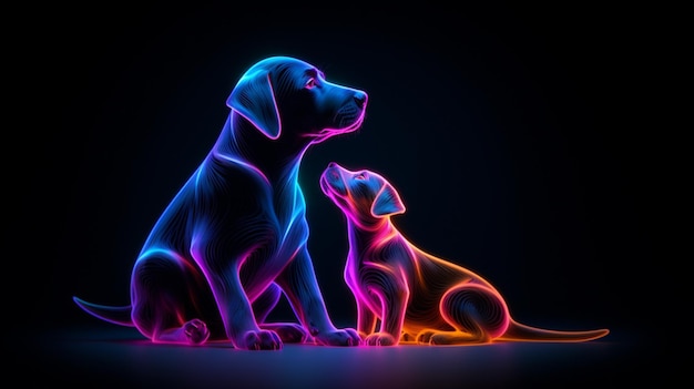 Neon light Dog caressing its calf AI Generated pictures