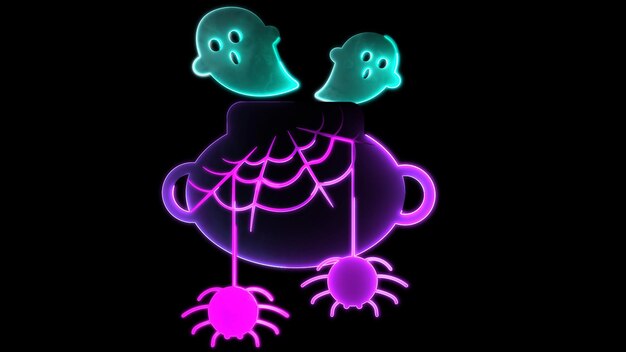 Photo neon light effect loop halloween icon ghost leaves cauldron black background