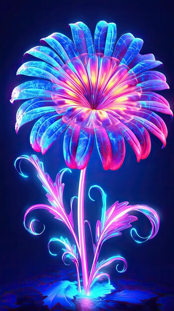 Photo neon light gerbera blooming flower modern greeting card floral design with flower generative ai art