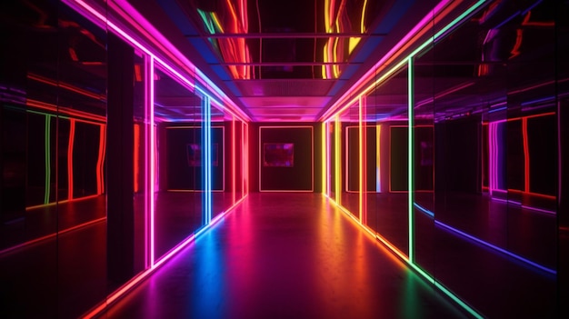 A neon light hallway with a black floor and a black floor.