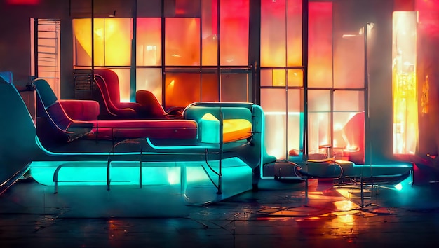 Neon light house with sofa