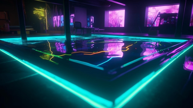 A neon light is lit up in a dark room with a pool table and a bar in the background.