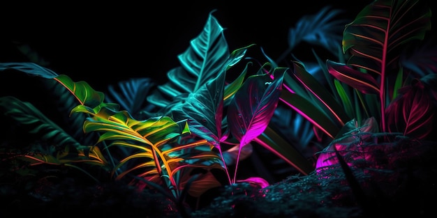 A neon light is lit up on a plant.