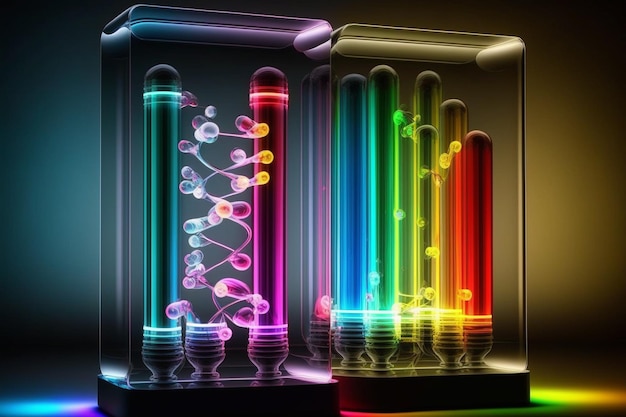 A neon light is lit up with a dna strand.