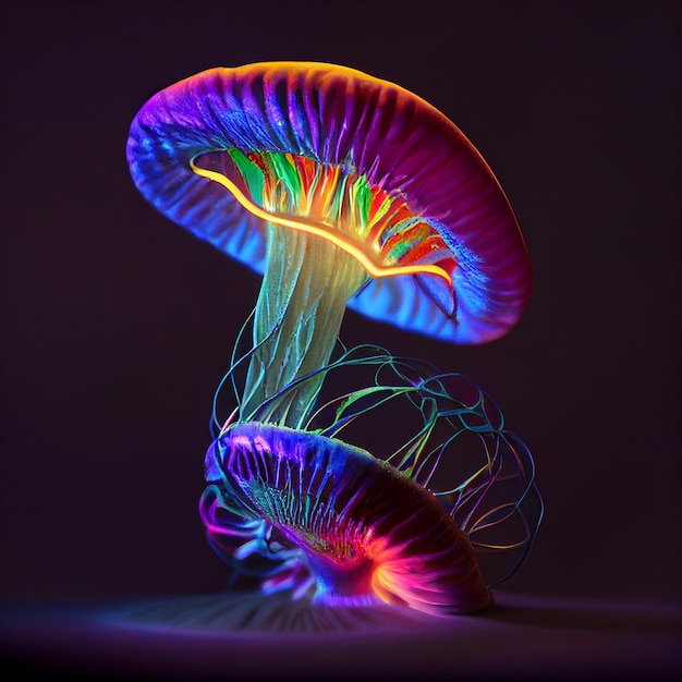 A neon light is lit up with a mushroom shaped like a jellyfish.