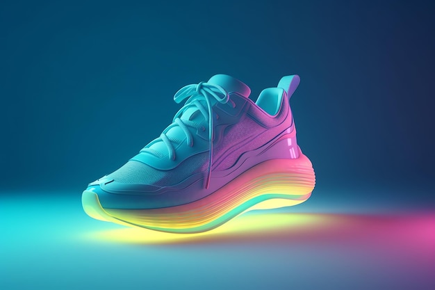 A neon light is lit up with a shoe