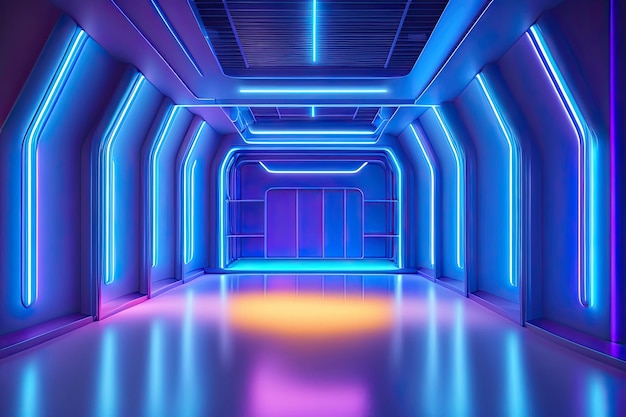 A neon light is on a wall in a room with a shelf on the floor.