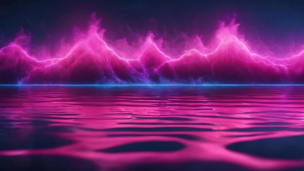Neon light lines motion effect abstract blue and pink sound waves with smoke and reflection on water