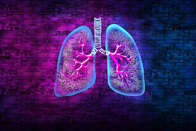 Photo neon light of a lungs on a brick wall