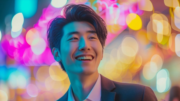 Neon light man Cyberpunk banner Happy smile Positive emotion Portrait of cheerful Asian guy