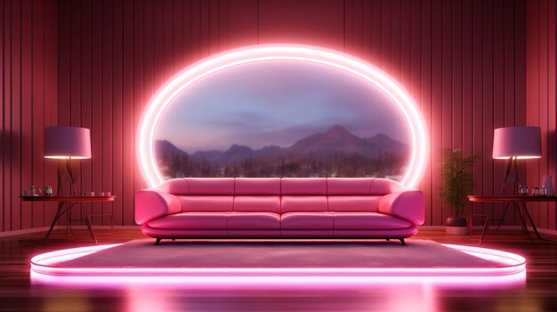 Neon light modern living room brown sofa and light pink color background