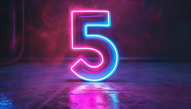 Neon light number five on wet floor with a dark smoky background Birthday and nightlife