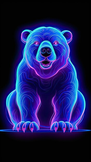 Neon light Polar bear animal on black background Portrait of glow light animal Generative AI art