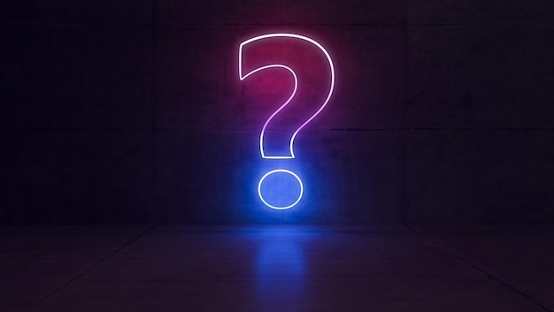 Neon light question marks concept in dark concrete realistic abstract background 3D rendering