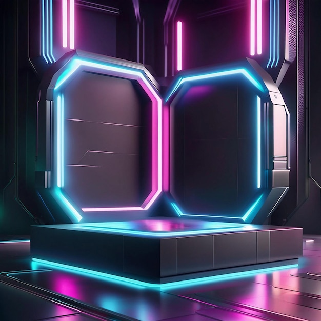 Neon light realistic scene podium stage for product cyberpunk theme AI generated