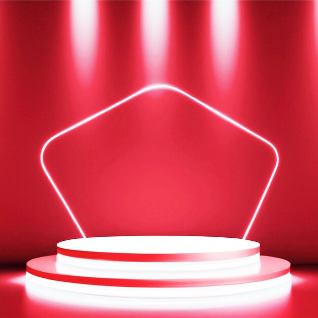 Photo neon light red podium with spotlight background for design 3d render