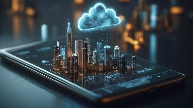 neon light showing cloud computing on tablet computer cloud computing concept smart city