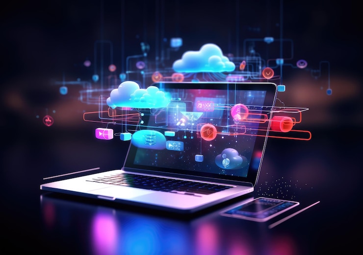 Photo neon light showing cloud computing on tablet computer neon light showing cloud computing on tablet computer ai generative