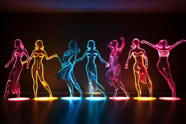 Neon light silhouettes of dancing girls on the stage under the spotlights Horizontal illustration