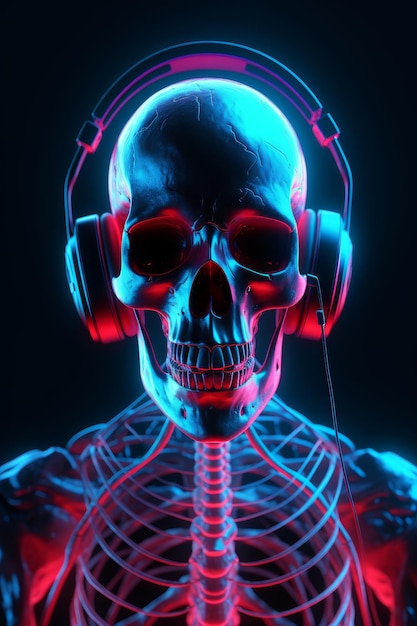 Neon light skeleton is wearing headphone generative AI