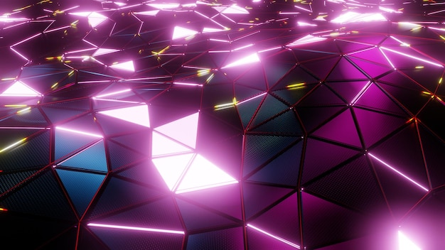 Треугольник неонового света в геометрическом волновом фоне для рекламы в научной фантастике и инновационной сцене.