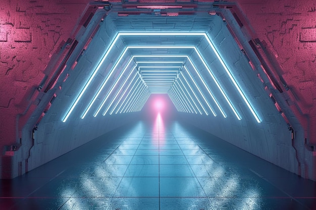 Neon light tunnel techno walkway 3D illustration of cyberspace