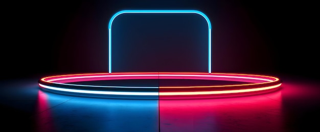 A neon light with a blue and red light behind it