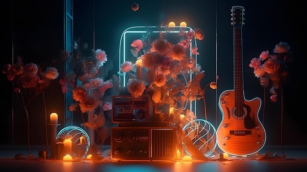 A neon light with a guitar and a guitar on it