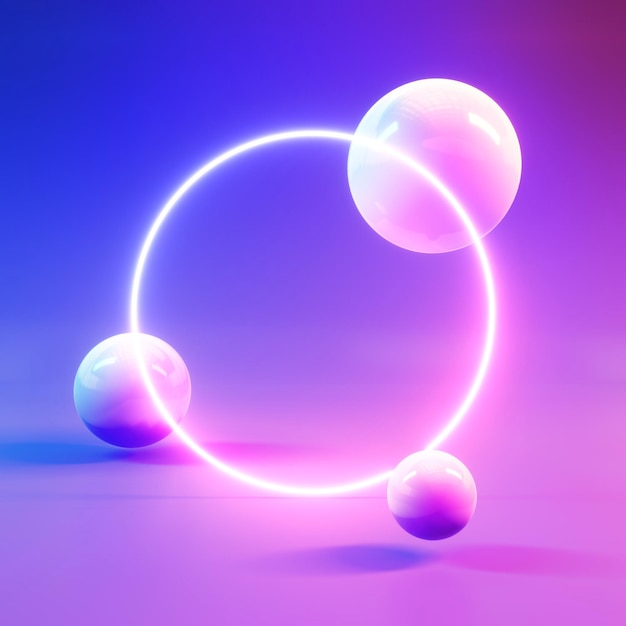 Neon lighting abstract spheres composition 3d rendering