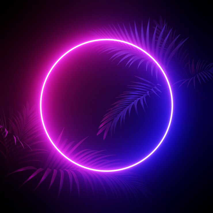Photo neon lighting palms and abstract shapes background 3d rendering