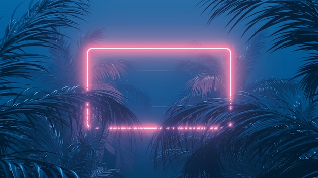 Neon lighting palms and abstract shapes composition 3d rendering