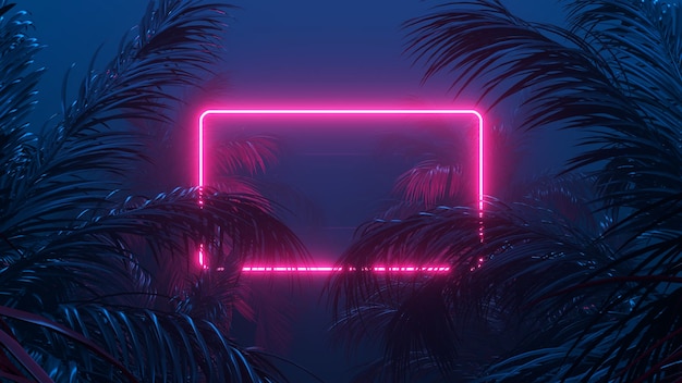 Neon lighting palms and abstract shapes composition 3d rendering