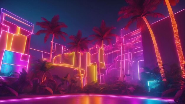 Neon lighting palms and abstract shapes composition 3d rendering